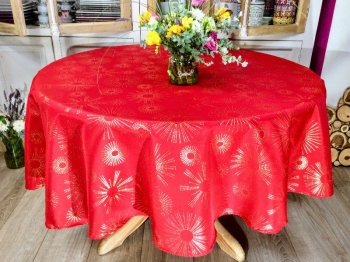 Nappe Constellations dorées, cercles et lignes, sur fond rouge ou blanc, ronde Ø180 cm, 100% polyester anti-taches