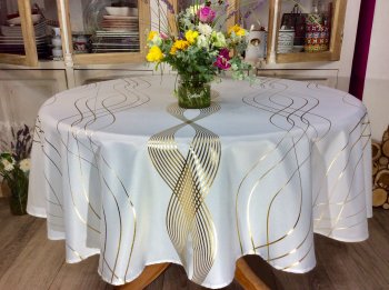 Nappe Ondes de lumière, lignes dorées, sur fond blanc ou rouge, ronde Ø180 cm, 100% polyester anti-taches