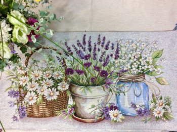 Housse de coussin, Jardin d'été, panier, pots de fleurs, rectangulaire 40x70cm, polycoton jacquard