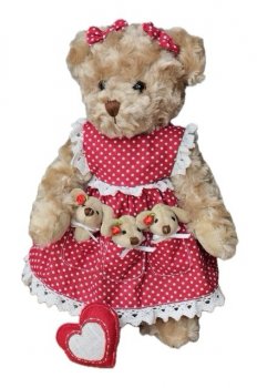 Peluche oursonne et ses 3 bébés oursons, robe petits pois, rouge, 30 cm, polyester