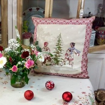 Housse de coussin, Patineurs sur glace, sur fond beige, carrée 45x45 cm, polycoton jacquard