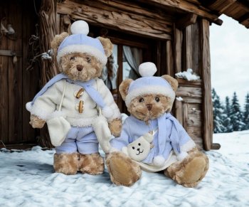 Peluche oursons, couple tenue hivernale, bleu clair, 30 cm, polyester