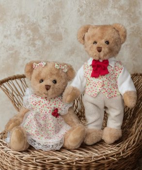 Peluche oursons, Couple fleurs rouges, 30 cm, polyester