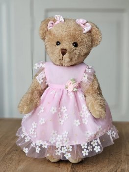 Peluche oursonne, robe rose &agrave; fleurs, 30 cm, polyester