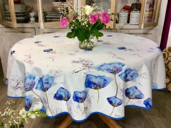 Nappe Ginkgo bleu-indigo, feuilles, fond blanc, ronde &Oslash;160 cm, 100% polyester anti-taches