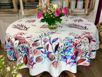 Nappe Ginkgo vert ou bordeaux, feuillage, fond blanc, ronde &Oslash;160 cm, 100% polyester anti-taches