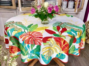 Nappe Feuilles g&eacute;antes, multicolores, sur un fond blanc, ronde &Oslash;160 cm, 100% polyester anti-taches