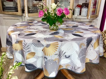 Nappe Abanicos, feuillage, dor&eacute;, blanc, gris, noir, ronde &Oslash;160 cm, 100% polyester anti-taches