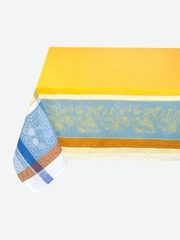 Nappe Eclats d'Indiennes, jaune ou vert ou rouge, rectangulaire, 100% coton Jacquard trait&eacute; T&eacute;flon, d&eacute;perlant et anti-taches